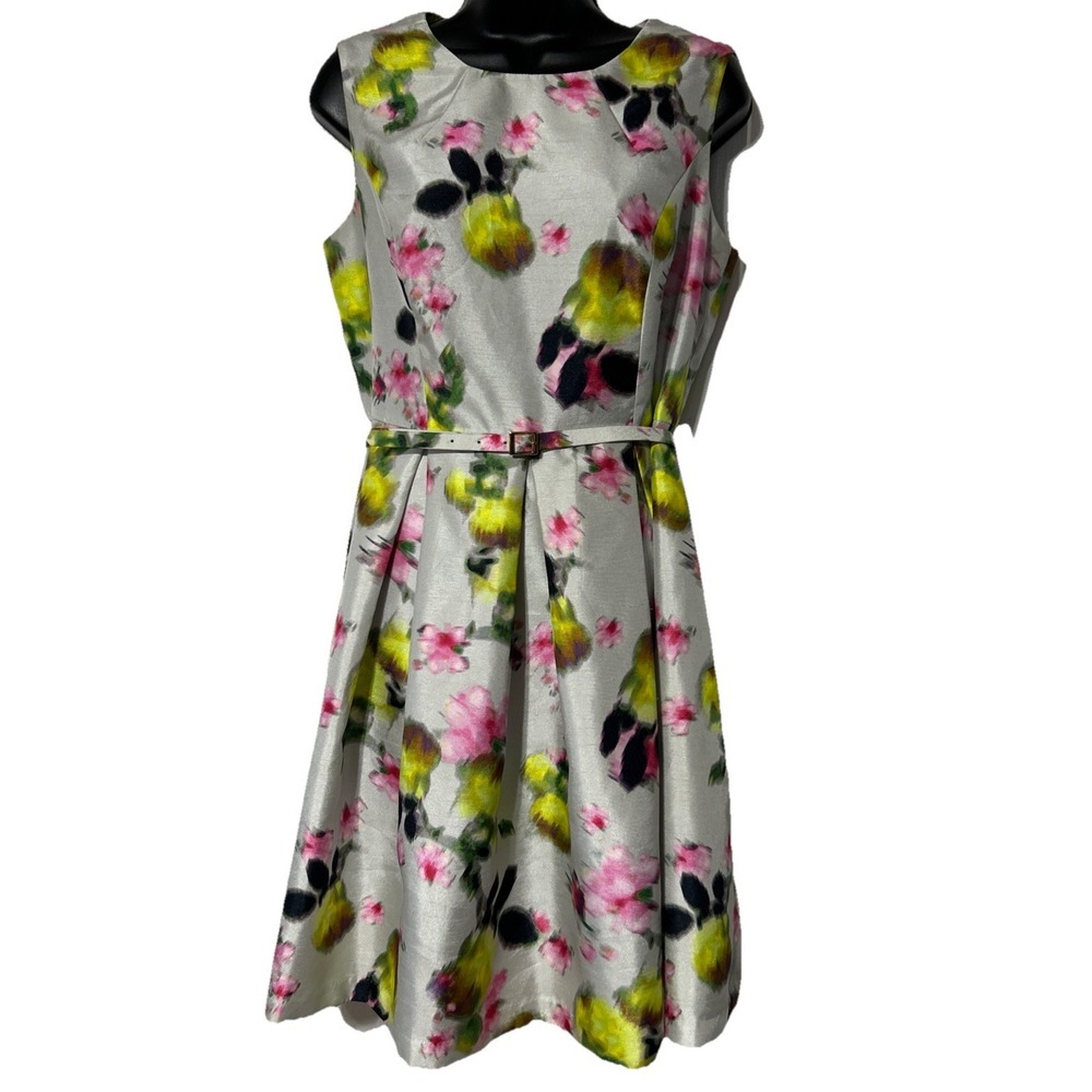 Liz Claiborne Water Color Metallic Floral Belted Zip Fit & Flare Dress Size‎ 8